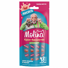 MOLINA, Функц. крем-лакомство с лососем д/взр.кош, Вывод комков шерсти из желудка, 48г, 74082
