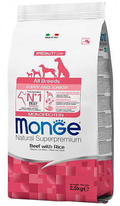 Monge Dog Monoprotein Puppy&Junior корм для щенков всех пород говядина с рисом 2,5 кг