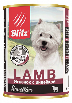 BLITZ SENSITIVE консервы для собак всех пород и возрастов (ЯГНЕНОК, ИНДЕЙКА), 400 г